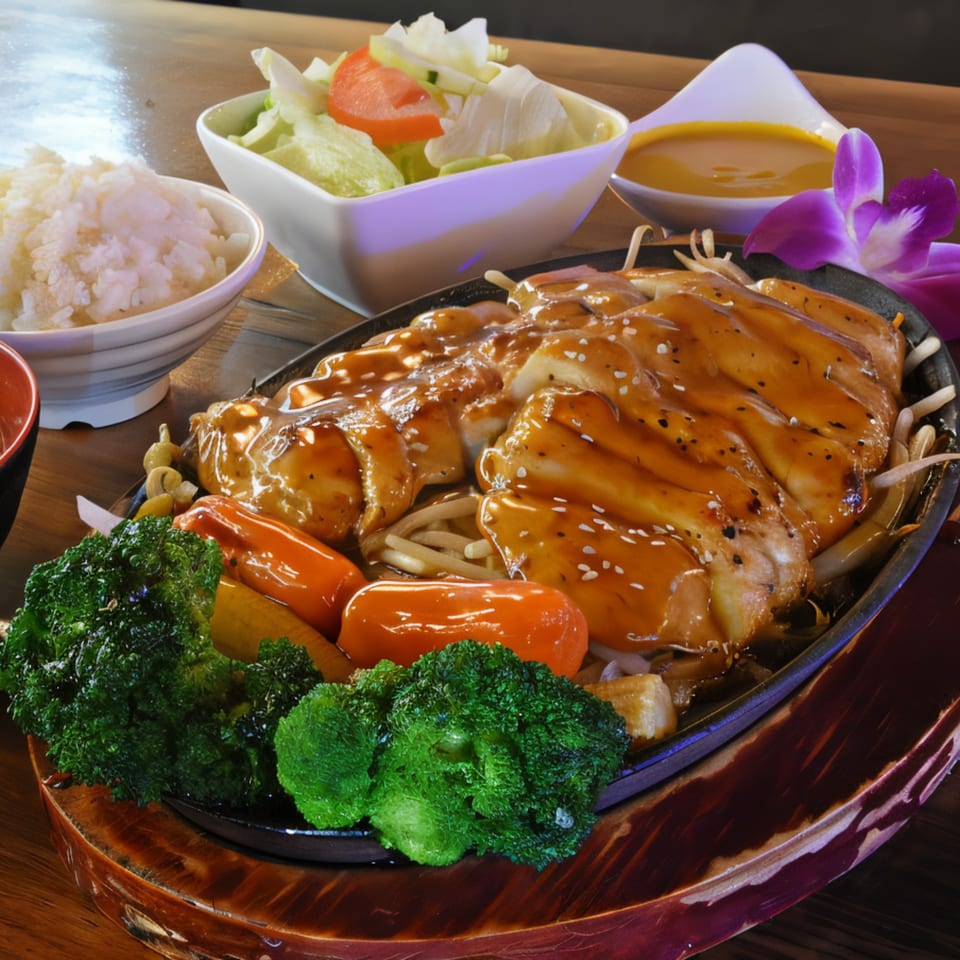 Takara Sushi Station's sizzling teriyaki chicken with broccoli, carrots, rice, salad, and sauce.