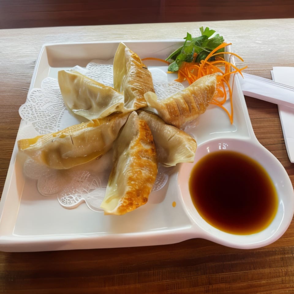 Six golden-brown gyoza dumplings with soy sauce, garnished with shredded carrots and parsley on a white plate.