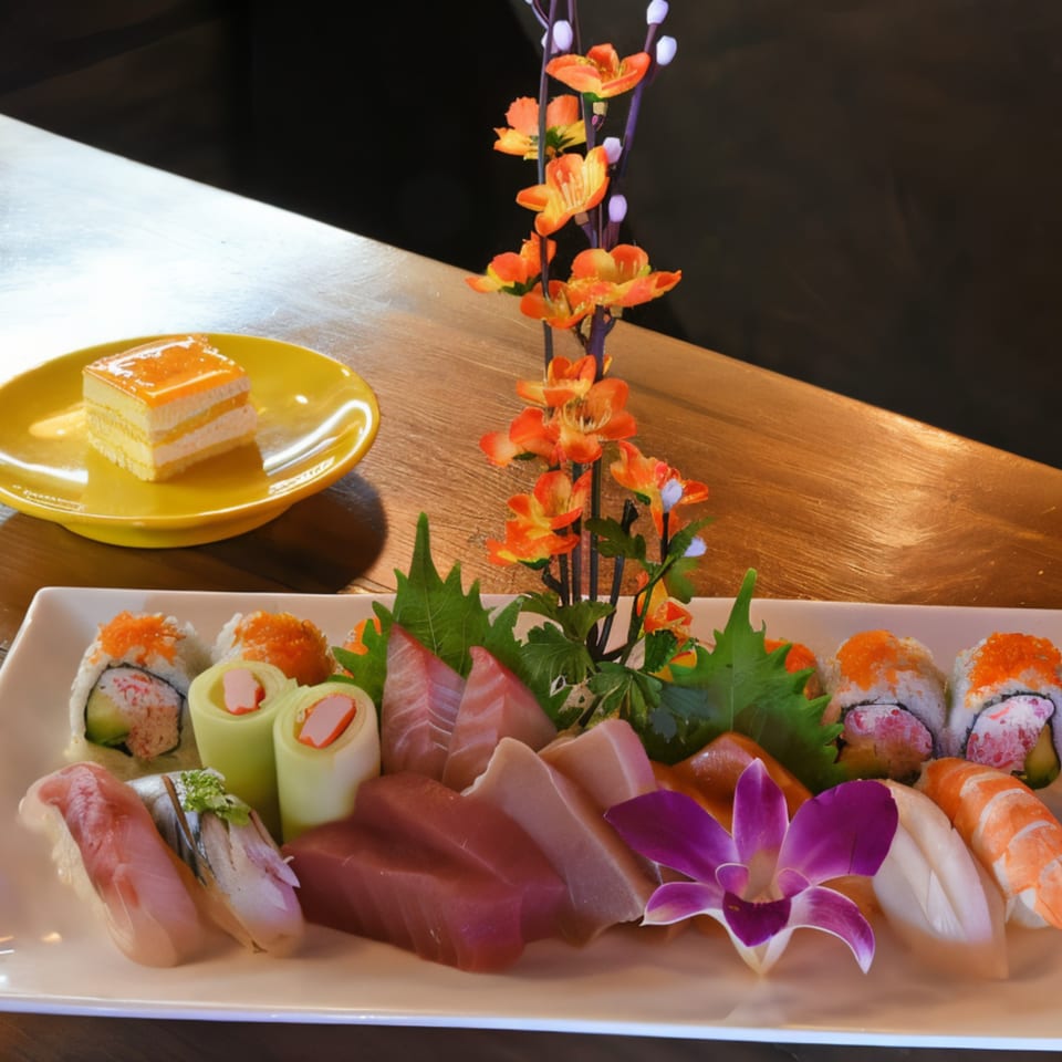 A large platter of Takara Sushi Station's sushi, sashimi, and rolls, with a mango cake.