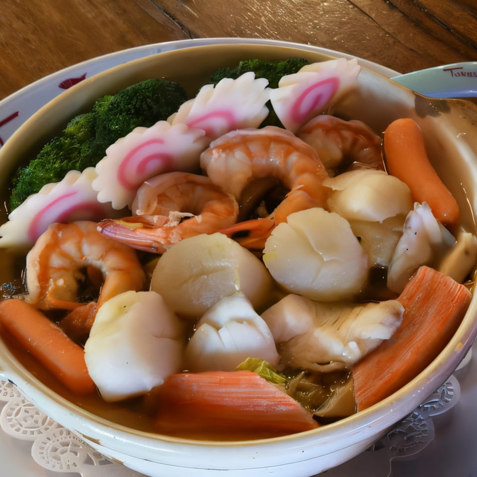 A bowl of Japanese hot pot with shrimp, scallops, fish cakes, broccoli, and carrots.