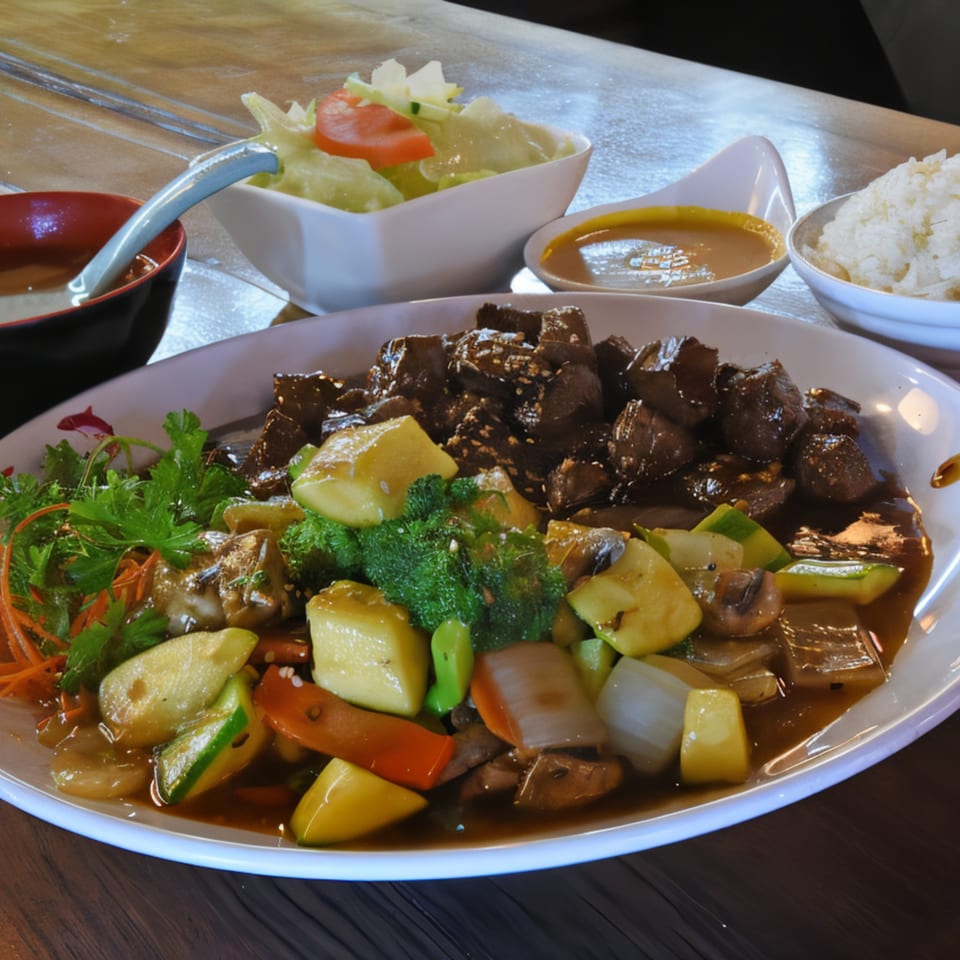 Takara Sushi Station's Japanese steak and vegetable stir-fry with sides of rice, soup, and salad.